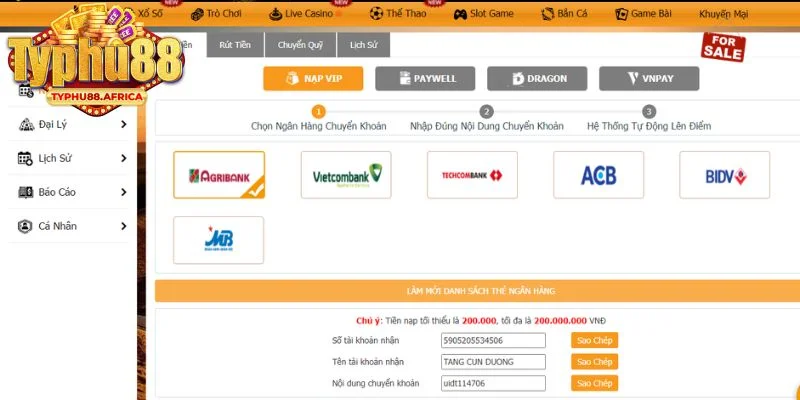 Thủ tục nạp tiền nhanh, gọn lẹ tại Typhu88